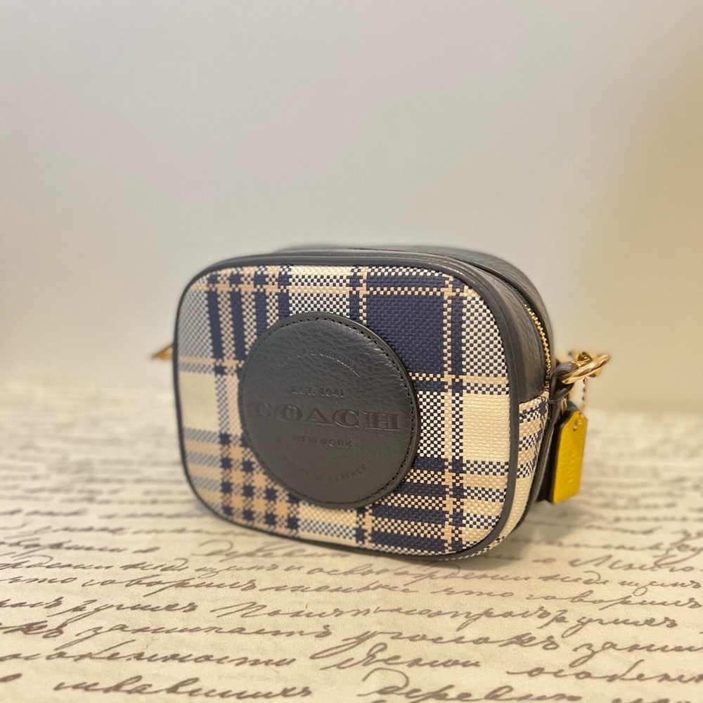Coach Mini Dempsey Camera Bag With Garden Plaid Print And Coach Patch